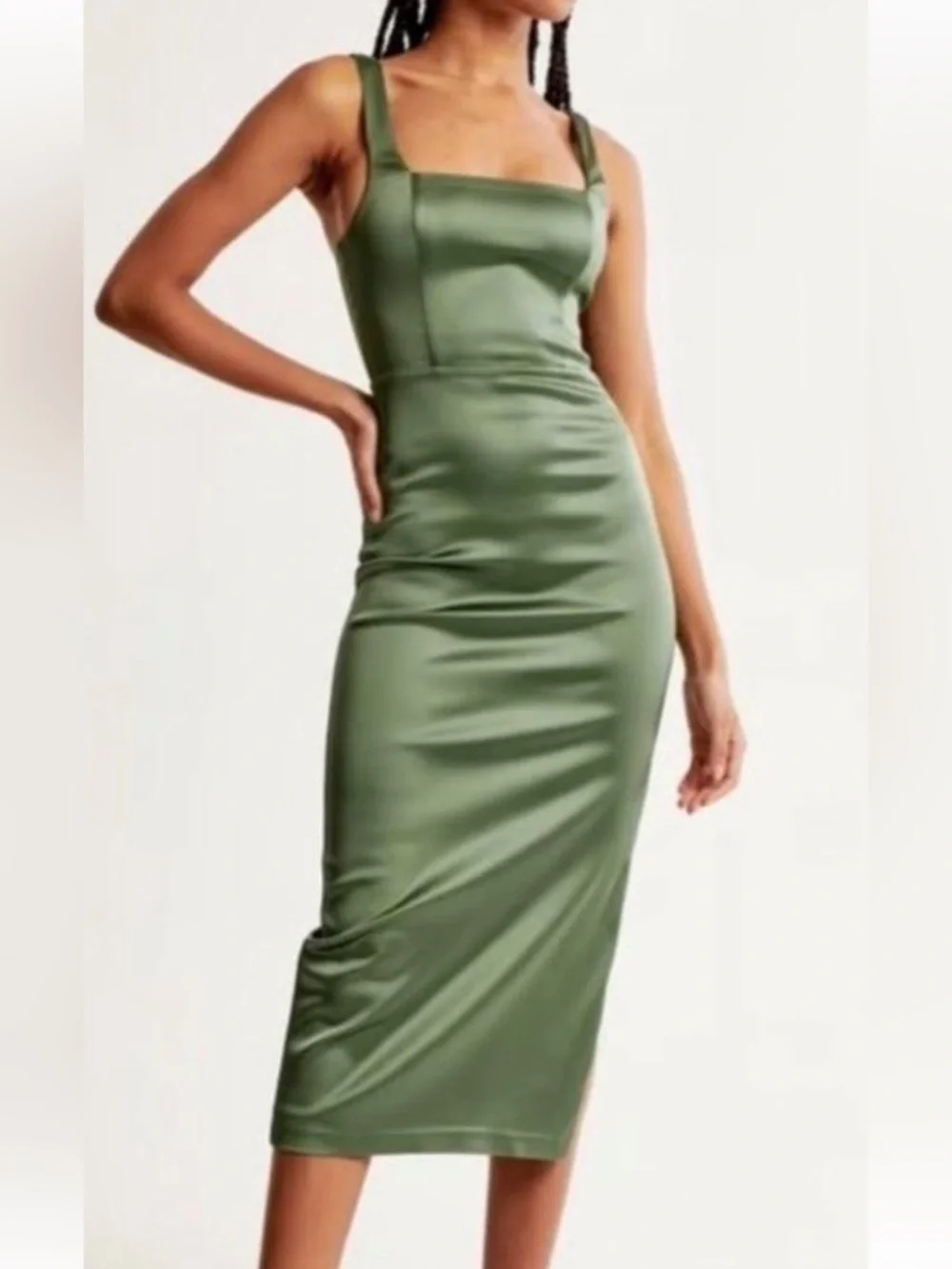 Abercrombie & Fitch Olive Green Satin Square-Neck Midi Dress